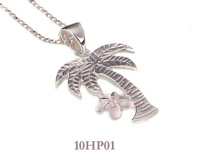 เครื่องประดับแฮนด์เมดฮาวายสีเงินสลักปาล์มต้นไม้ที่มีดอกลีลาวดีจี้